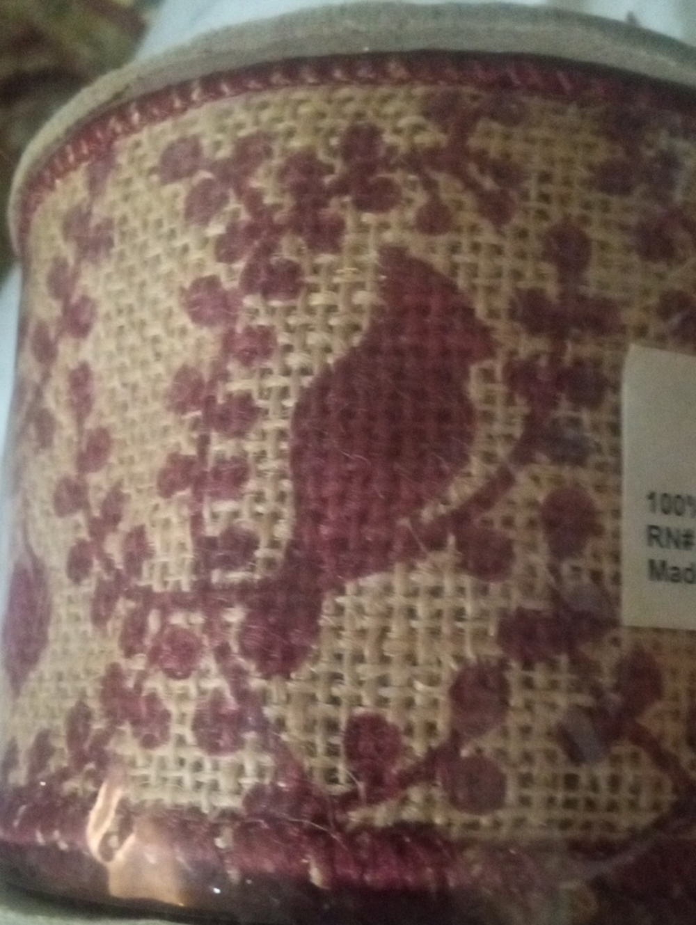 100% Jute Ribbon Red And Brown With Birds And Christmas ornaments. Wired Edge
